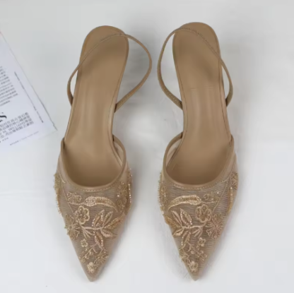 Sandalias de tacón de lujo, bordado de malla elegantes. - Image 3